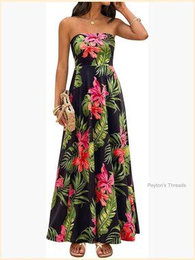 TUBE TOP FLORAL MAXI DRESS STRAPLESS SUMMER BEACH VACATION FLOWY